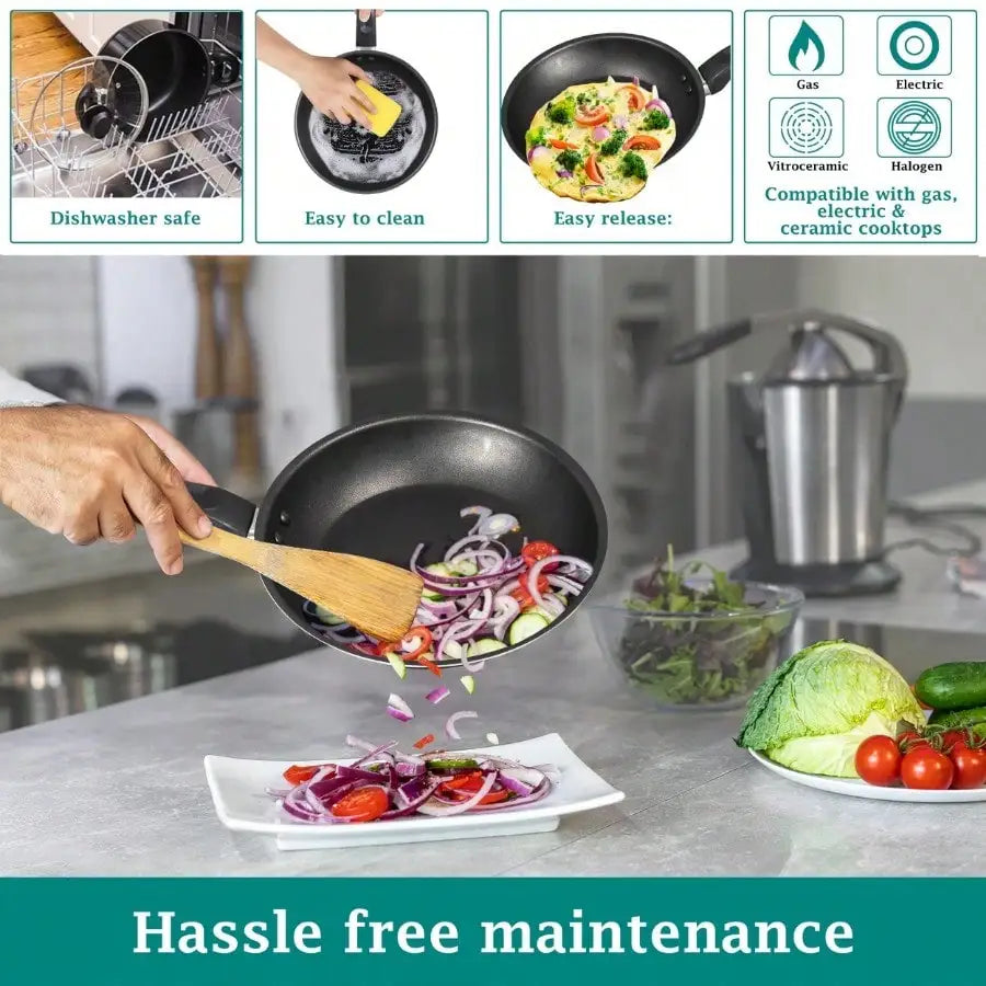 7 Piece Nonstick Cookware Set Modern Minimalist Black Matte Aluminum Pots And Pans Set Tempered Glass Lids Heat Resistant Handles Lightweight Cooking Set For Kitchen Gas Stove RV Home Essentials Housewarming Gift