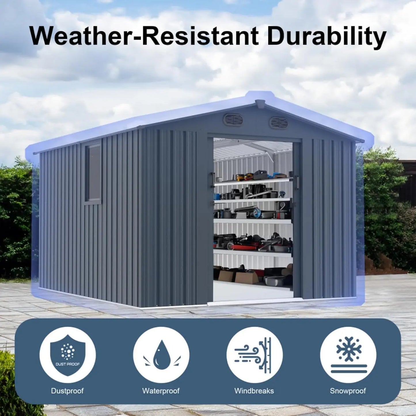 Outdoor Metal Storage Shed With Window And Lockable Doors