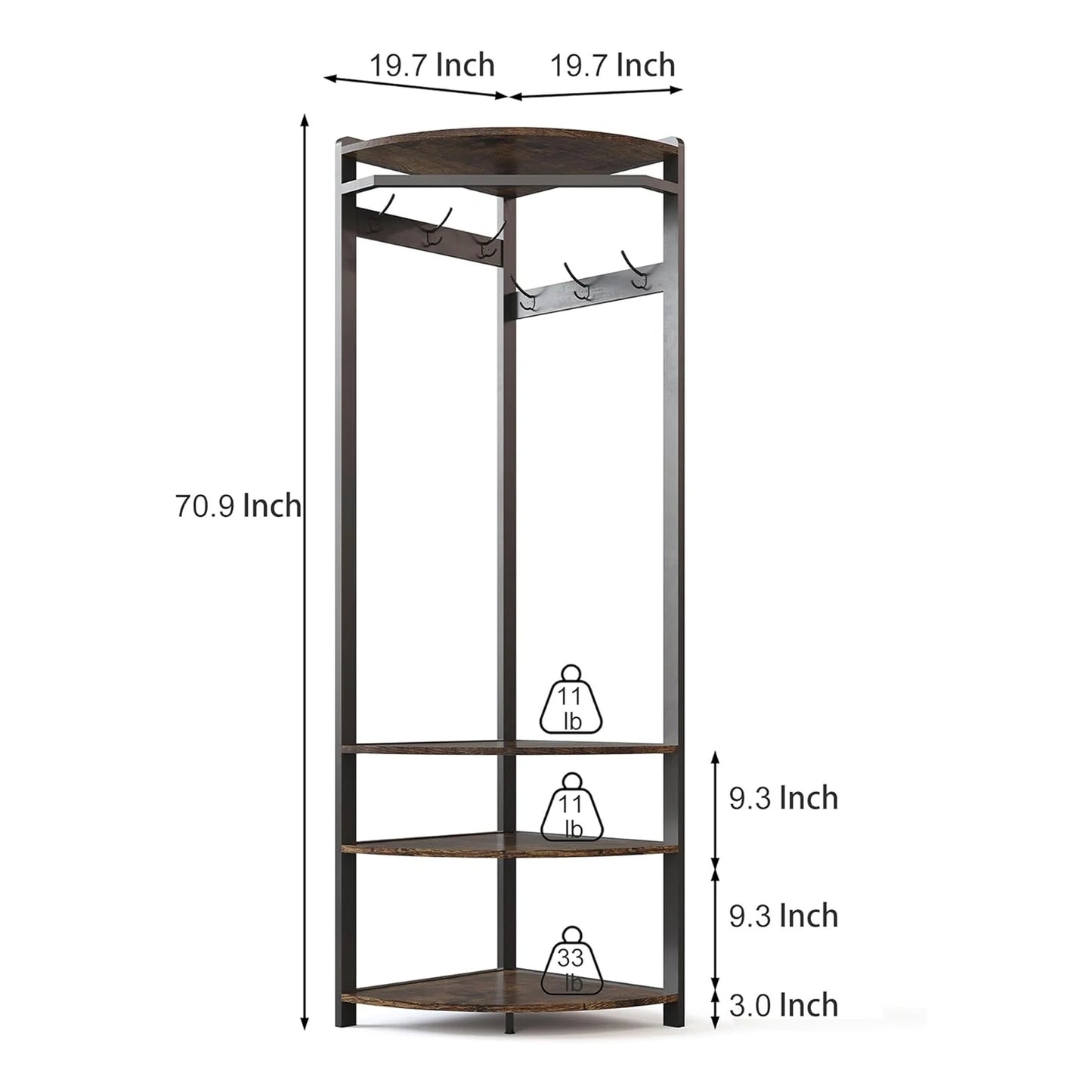 HiMISS Corner Coat Rack Featuring 6 Hooks And 3 Shelves