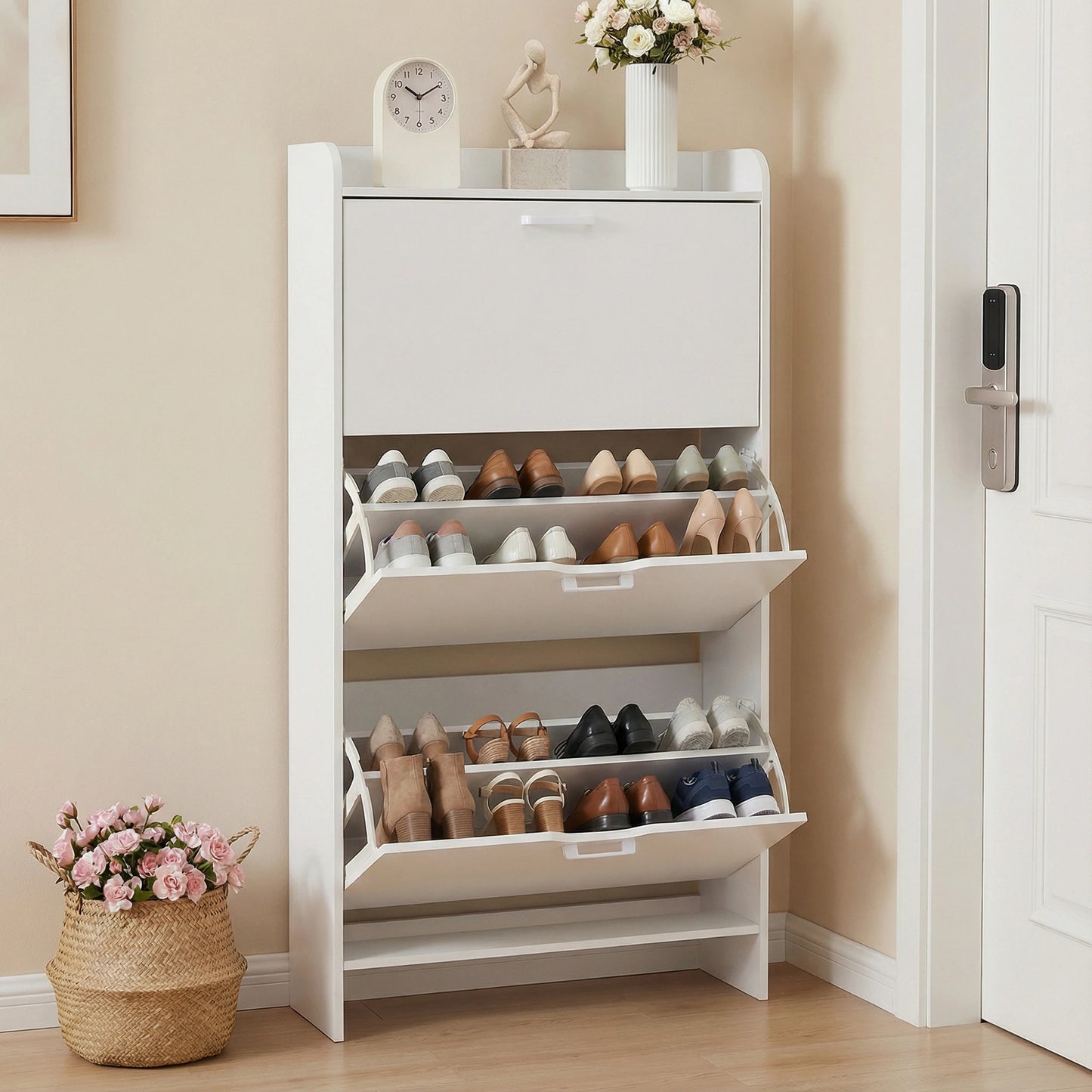 Shoe Cabinet With 3 Flip Drawers Wooden Entryway Organizer