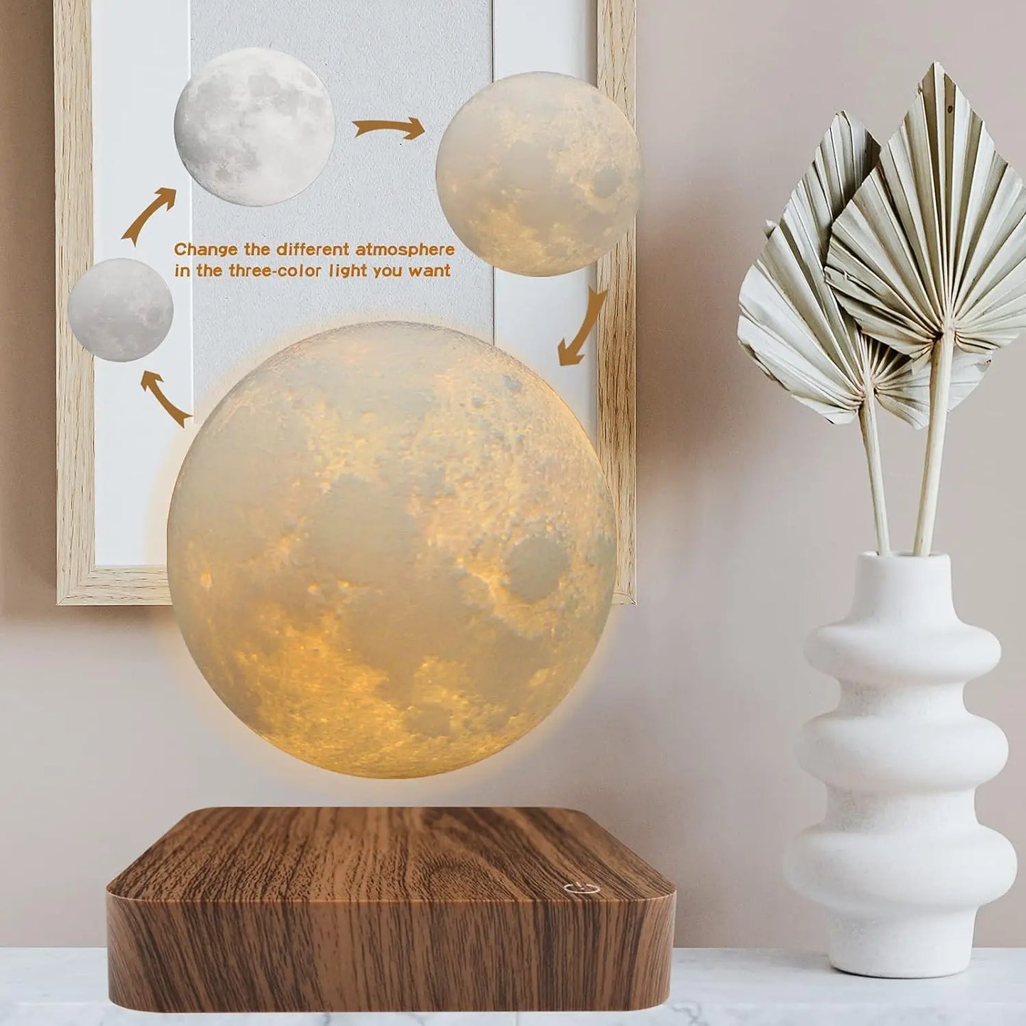 Mexllex Magnetic Floating Moon Lamp With Wooden Base And 3 Color Led Night Light