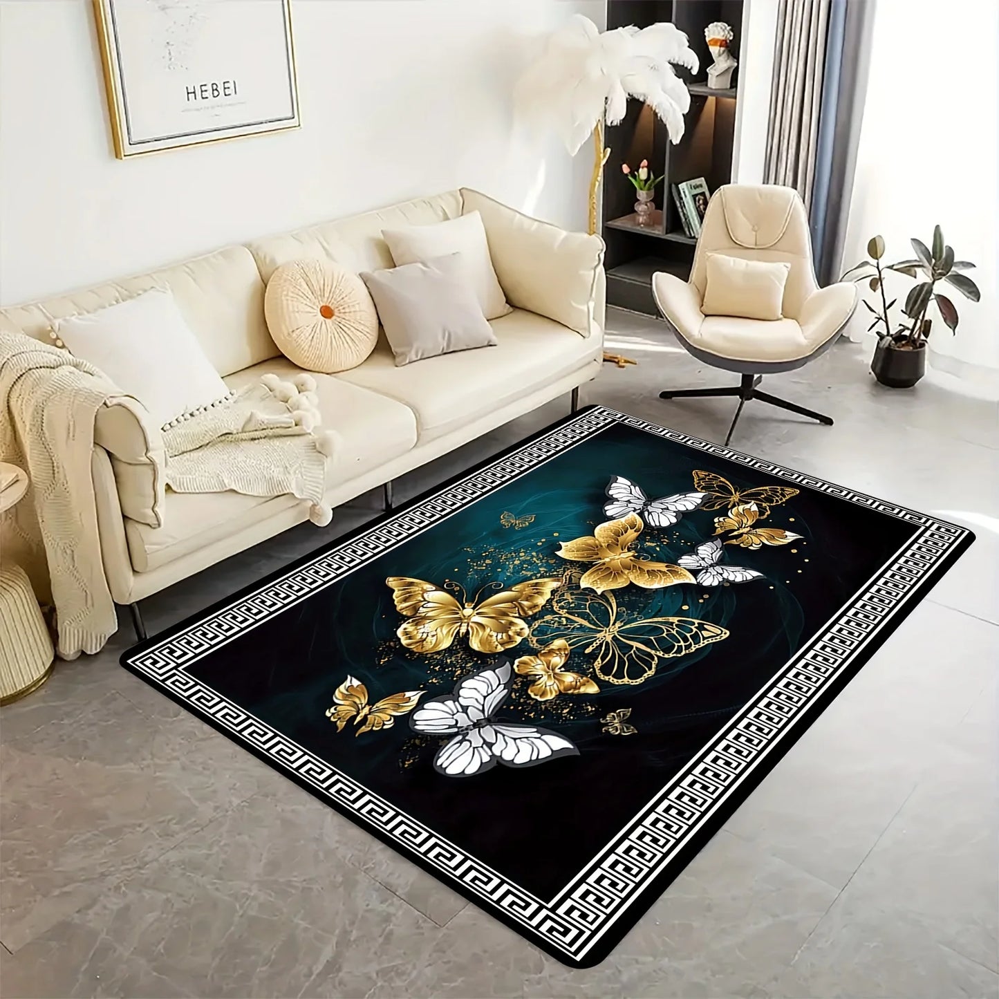 Golden And White Butterfly Pattern Printed Flannel Rug Non Slip Soft Carpet For Living Room Bedroom Elegant Decor Artistic