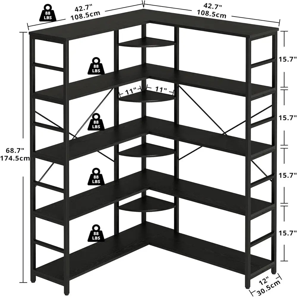 IRONCK Industrial 5-Tier Corner L-Shaped Bookcase With Curved Panels