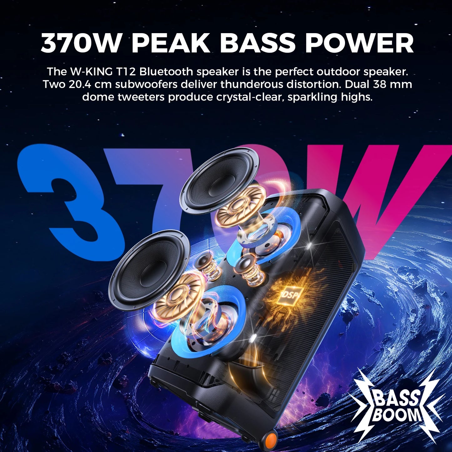 W-King T12 Portable Bluetooth Speaker With 370W Pro Sound