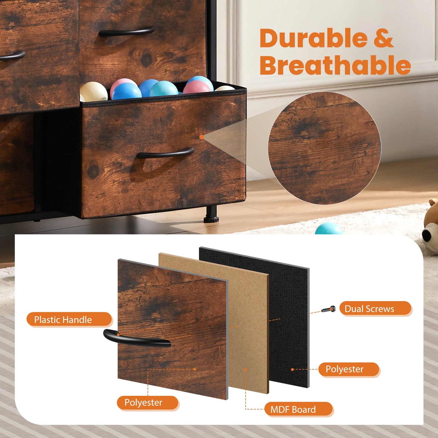 JHK Bedside Table With Fabric Drawers And Steel Frame Wardrobe