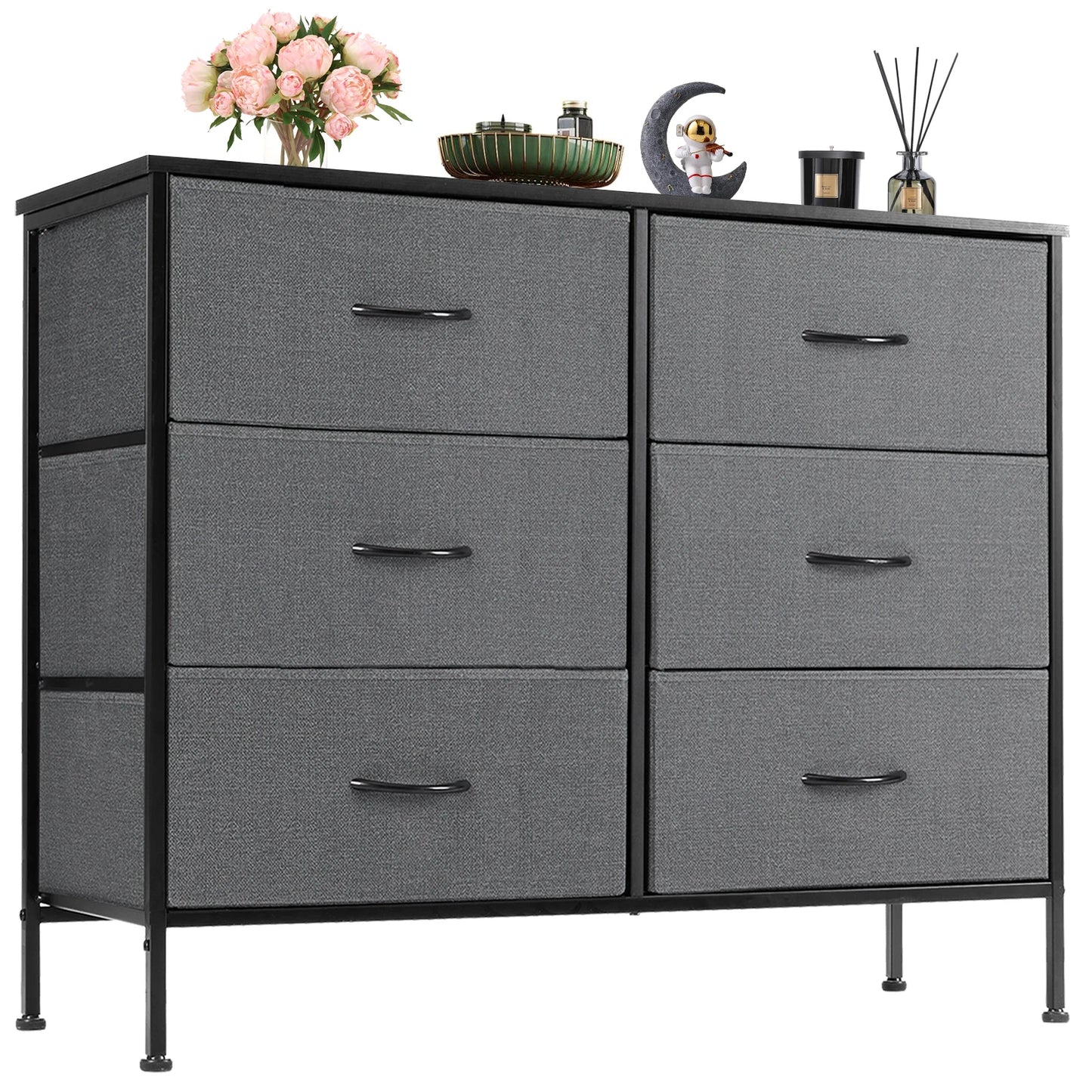 JHK Six Drawer Nightstand With Fabric Storage Chest Bedroom Furniture
