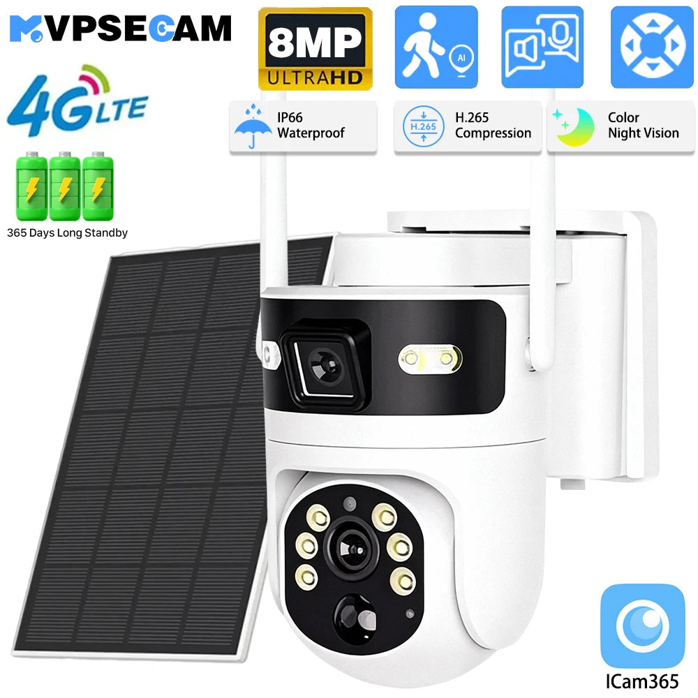 MvpSecam 8MP 4K 4G Solar PTZ IP OutdoorVideoCamera Dual Lens