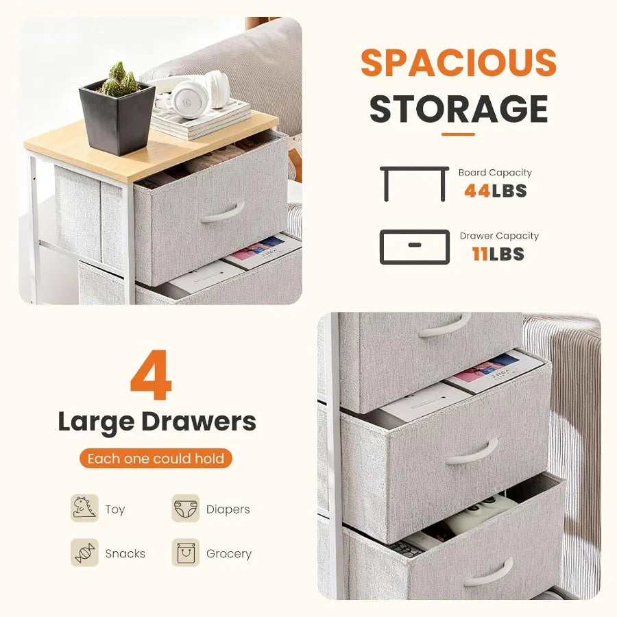 XIUWO Nightstand With 4 Fabric Drawers Modern Wood Top Cabinet