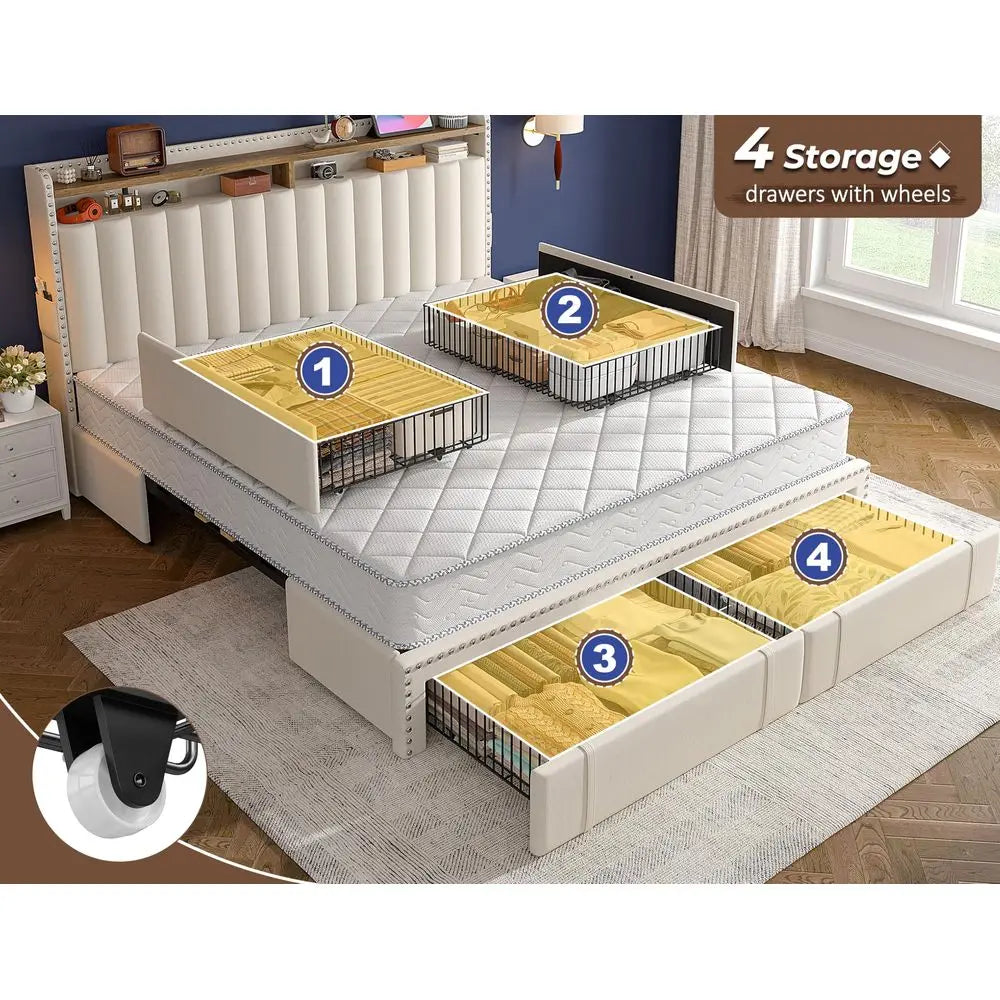 Bed Frame With Storage Drawers And Tufted Headboard