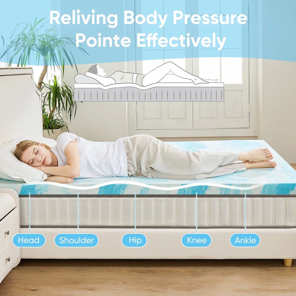 JHK Gel Cooling Memory Foam Mattress Topper Breathable