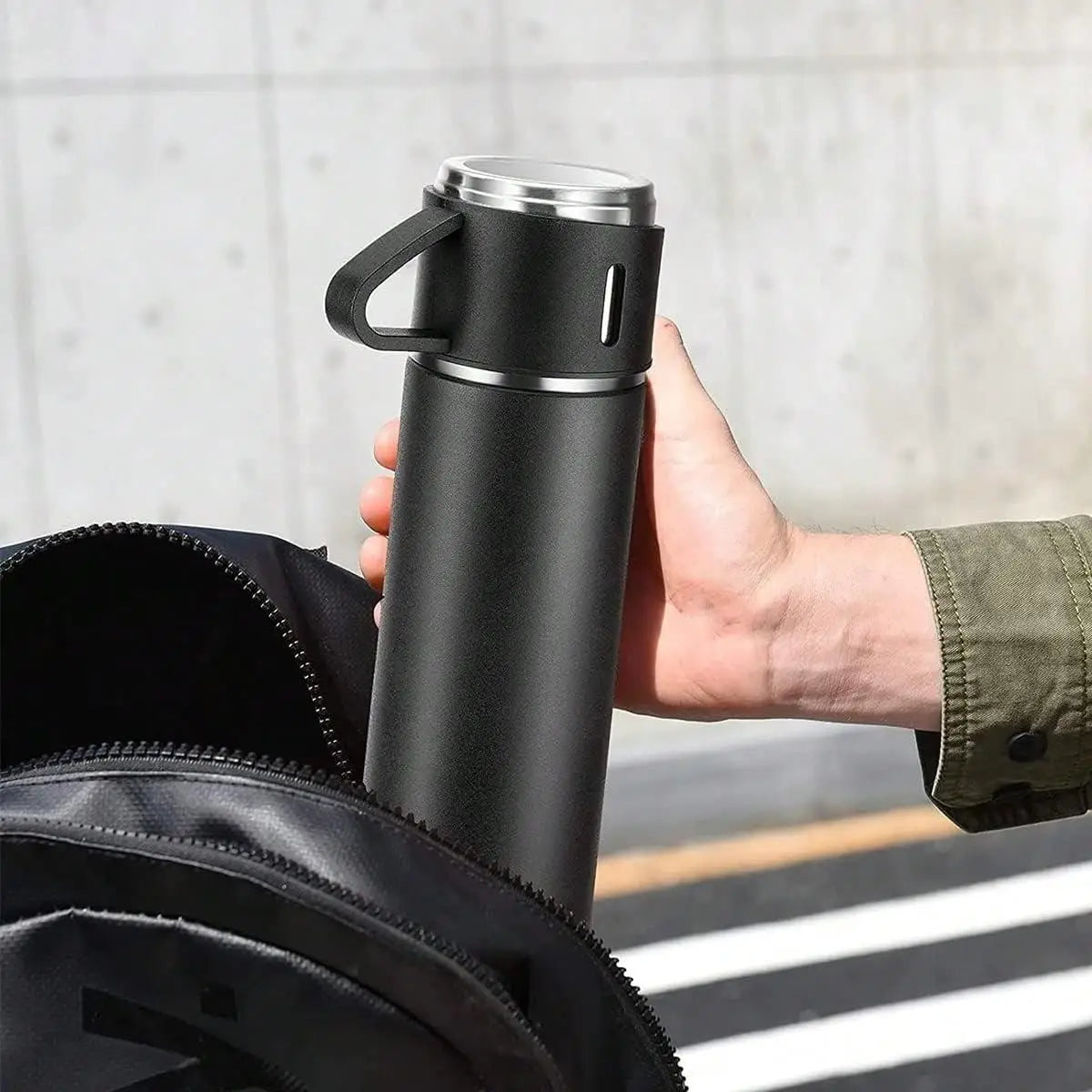 Vacuum-Insulated Stainless Steel Coffee Thermo Flask - 500ml Portable Silicone-Lidded Water Bottle with Cup, for Hot/Cold Drinks, Blue, 3-Cup Design, Bottled Beverage Travel Companion