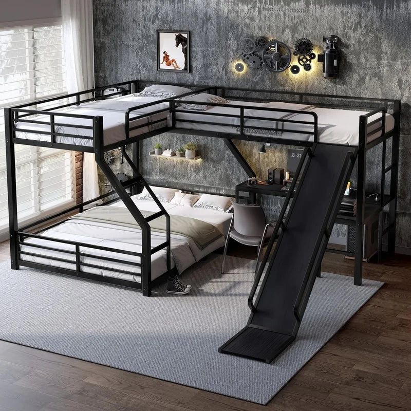 L-Shaped Bunk Bed With Loft, USB Charging, Metal Construction