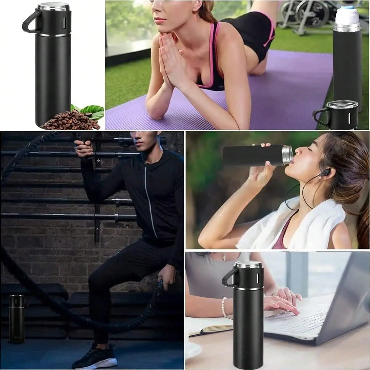 Vacuum-Insulated Stainless Steel Coffee Thermo Flask - 500ml Portable Silicone-Lidded Water Bottle with Cup, for Hot/Cold Drinks, Blue, 3-Cup Design, Bottled Beverage Travel Companion