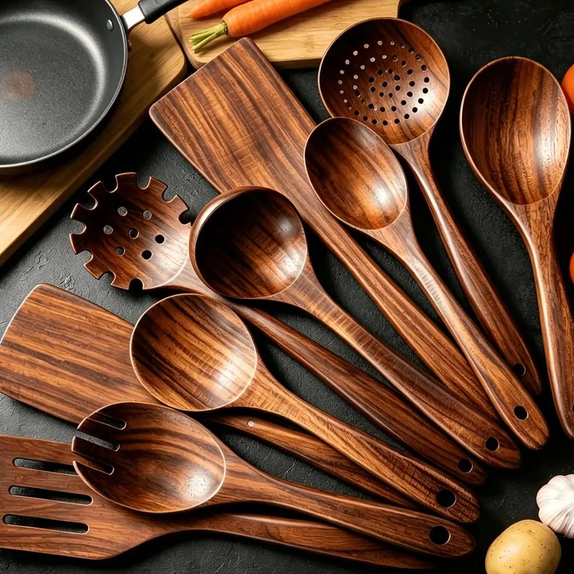 Wooden Kitchen Utensils Set Rustic Farmhouse Dark Natural Teak Wood Spatula 10 Piece Set Non Stick Cooking Spoons Heat Resistant Utensils Set For Kitchen Cooking Baking Serving Nonstick Cookware Housewarming Gift