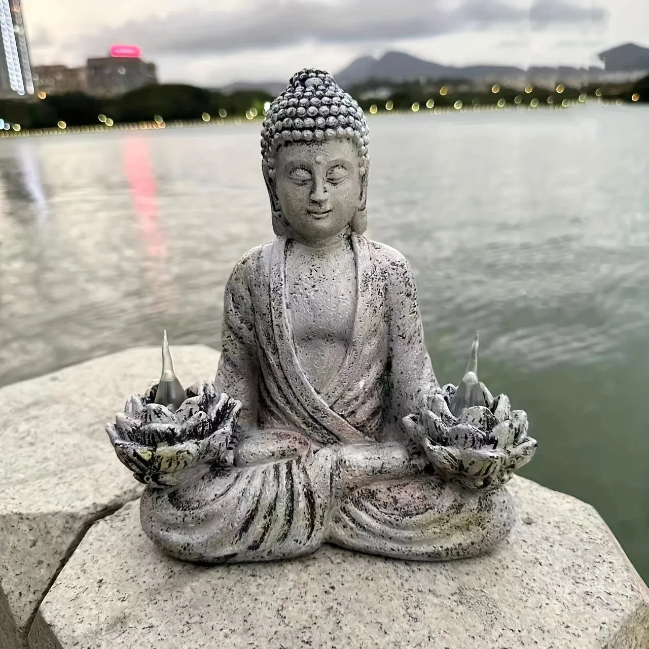 Solar Zen Garden Statue Light Outdoor Sitting Lotus Sculpture