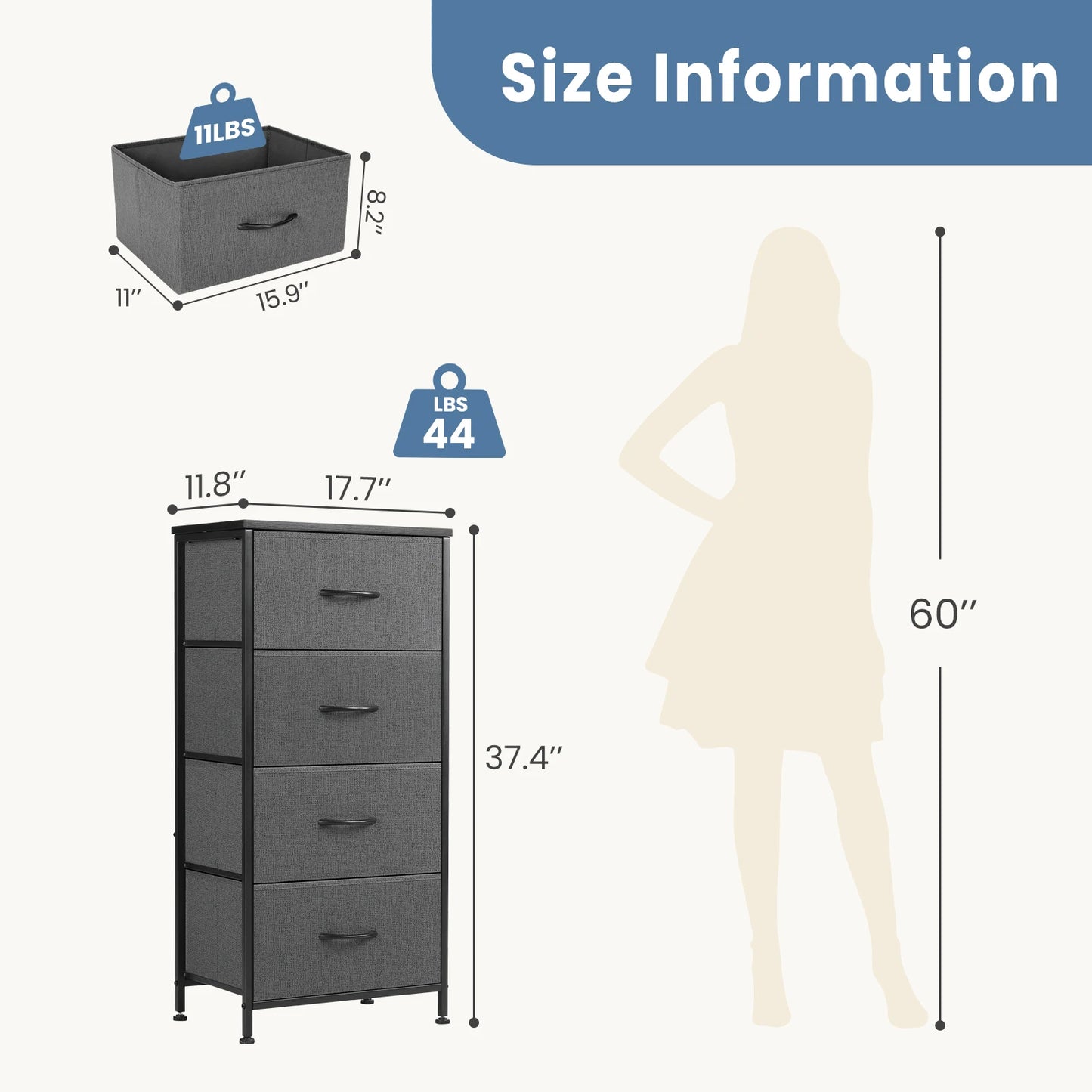 JHK Modern Bedroom Dresser With Four Fabric Drawers Nightstand