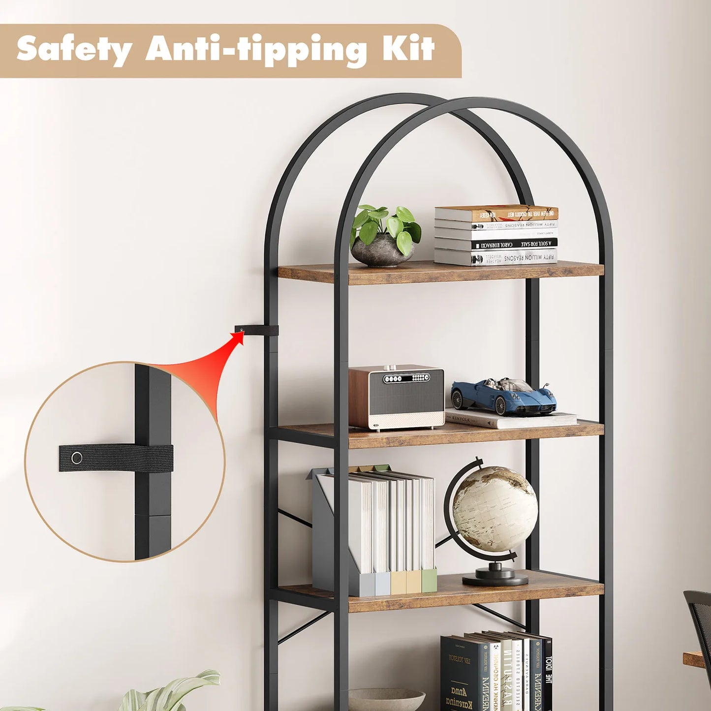 TWISTER.CK 5-Tier Arched Bookshelf Industrial Open Bookcase