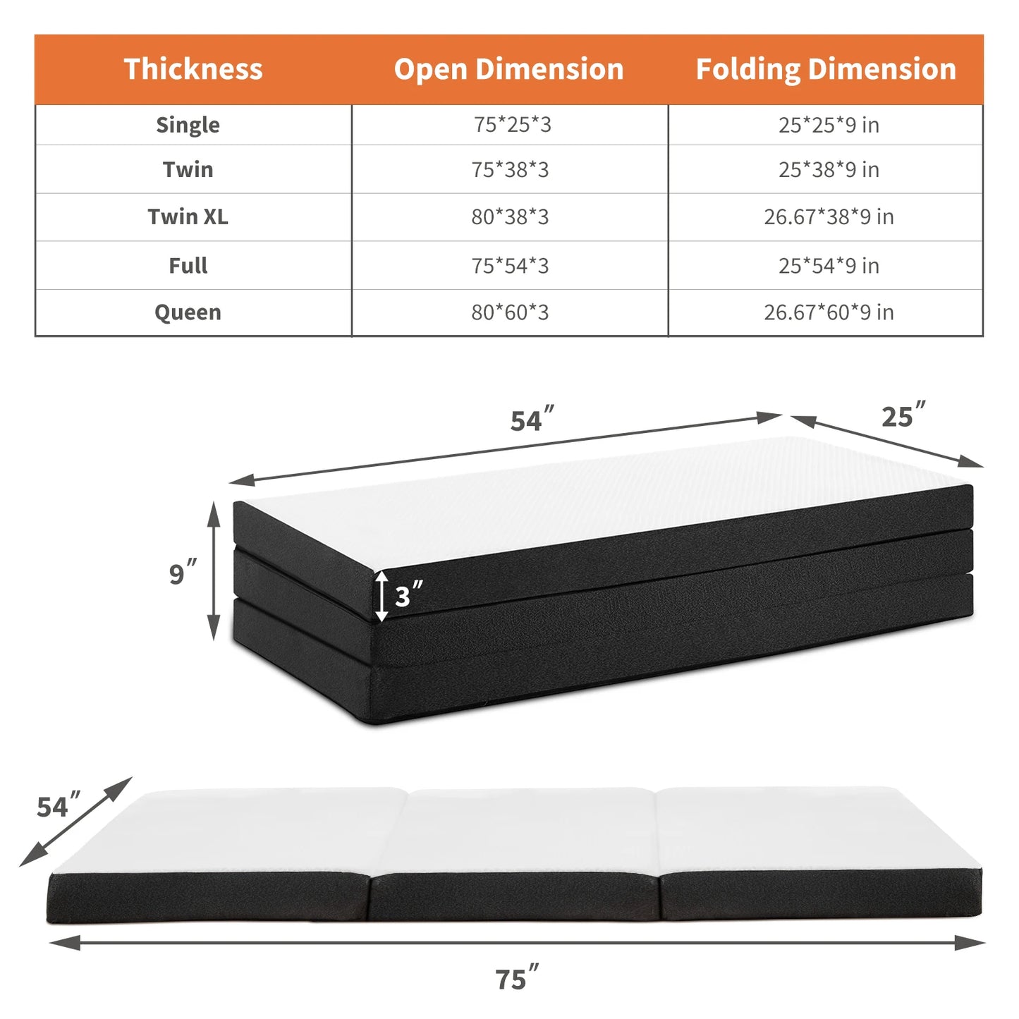 JHK Three Fold Portable Floor Bed CertiPURUS Certified For Travel